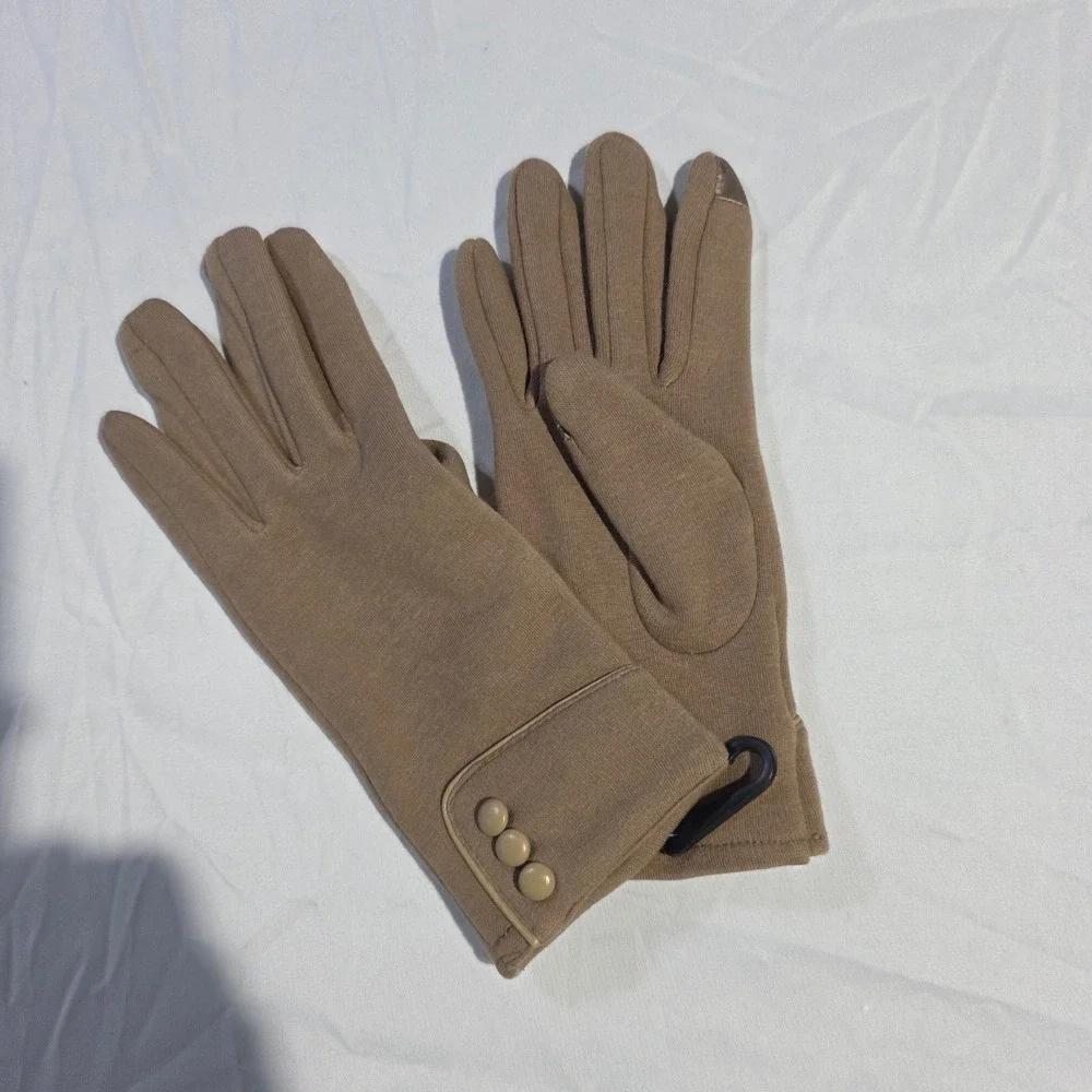 Tan Brown Knit Touchscreen Gloves with Faux Fur Lining and Button Detail